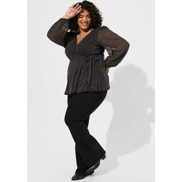 TORRID Knit Glitter Lurex Peplum Top Puff Long Sleeve Belted Faux Wrap Blouse 6X - Picture 3 of 11